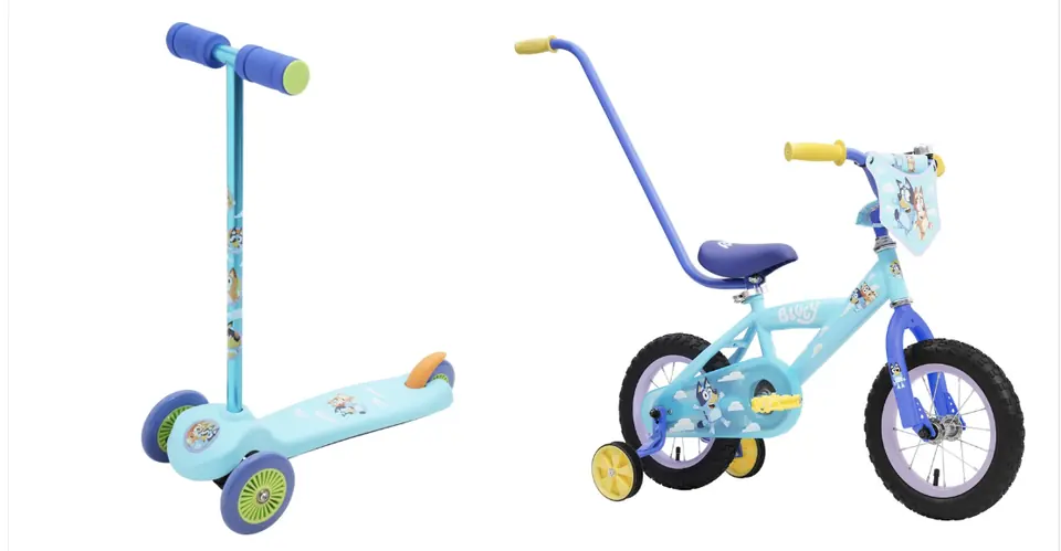 商品圖左側是 Bluey 三輪滑板車,右側是 Bluey 30cm 訓練輪腳踏車