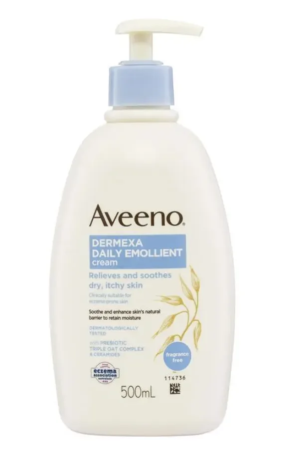Aveeno Dermexa Daily Emollient Cream 500mL 泵瓶,淺色瓶身印有燕麥