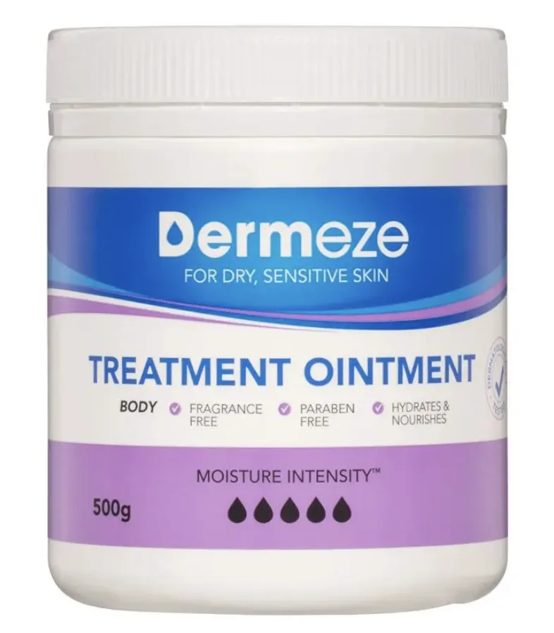 Dermeze Treatment Ointment 500g 白色廣口罐,藍紫標籤寫著治療軟膏