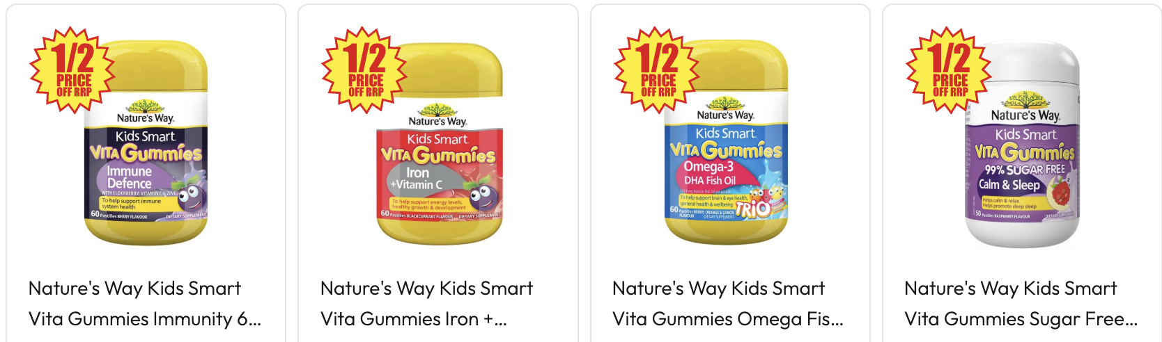 四罐 Nature's Way Kids Smart Vita Gummies 並列：Immune Defence、Iron + Vitamin C、Omega-3 DHA Fish Oil、99% Sugar Free Calm & Sleep，每罐都有 1/2 PRICE OFF RRP 標籤。